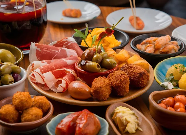 Assiette apéritif latino avec charcuterie, olives, croquettes et fruits