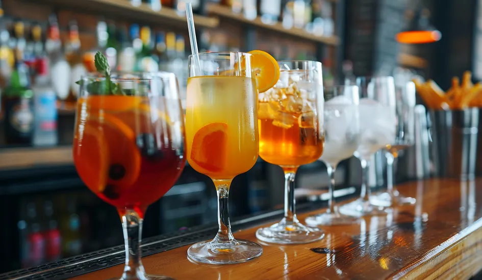 Cocktails latins colorés sur comptoir, ambiance festive et chaleureuse