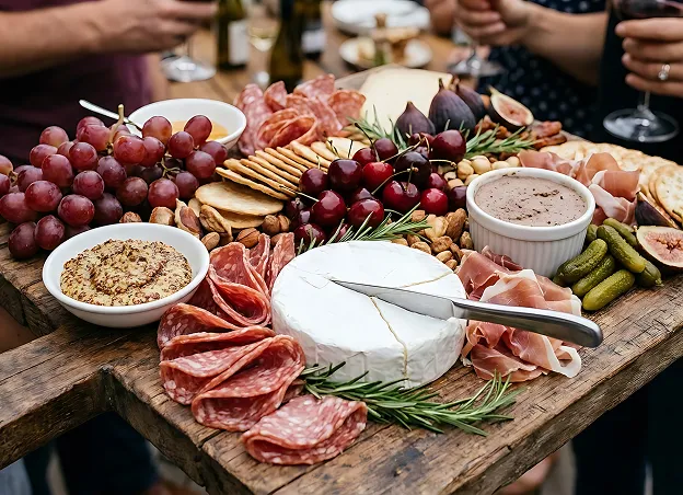 Planche festive avec charcuterie, fromage, fruits et dips